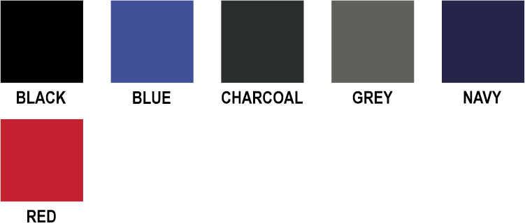 Colour Options, Black, Blue, Charcoal, Grey, Navy, Red