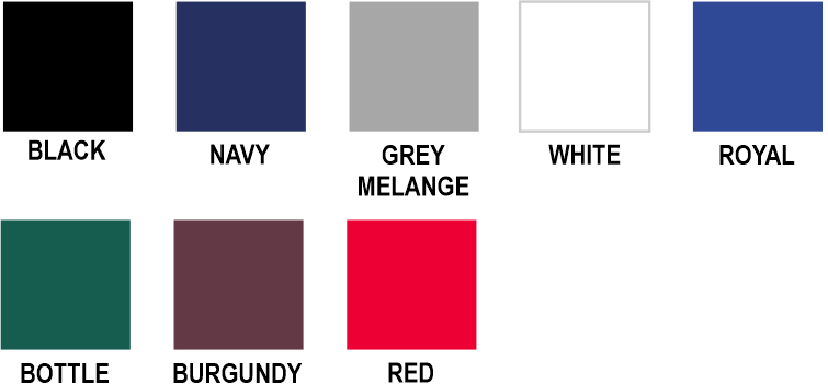 Colour Options, Black, Navy, Grey Melange, White, Royal, Bottle, Burgundy, Red